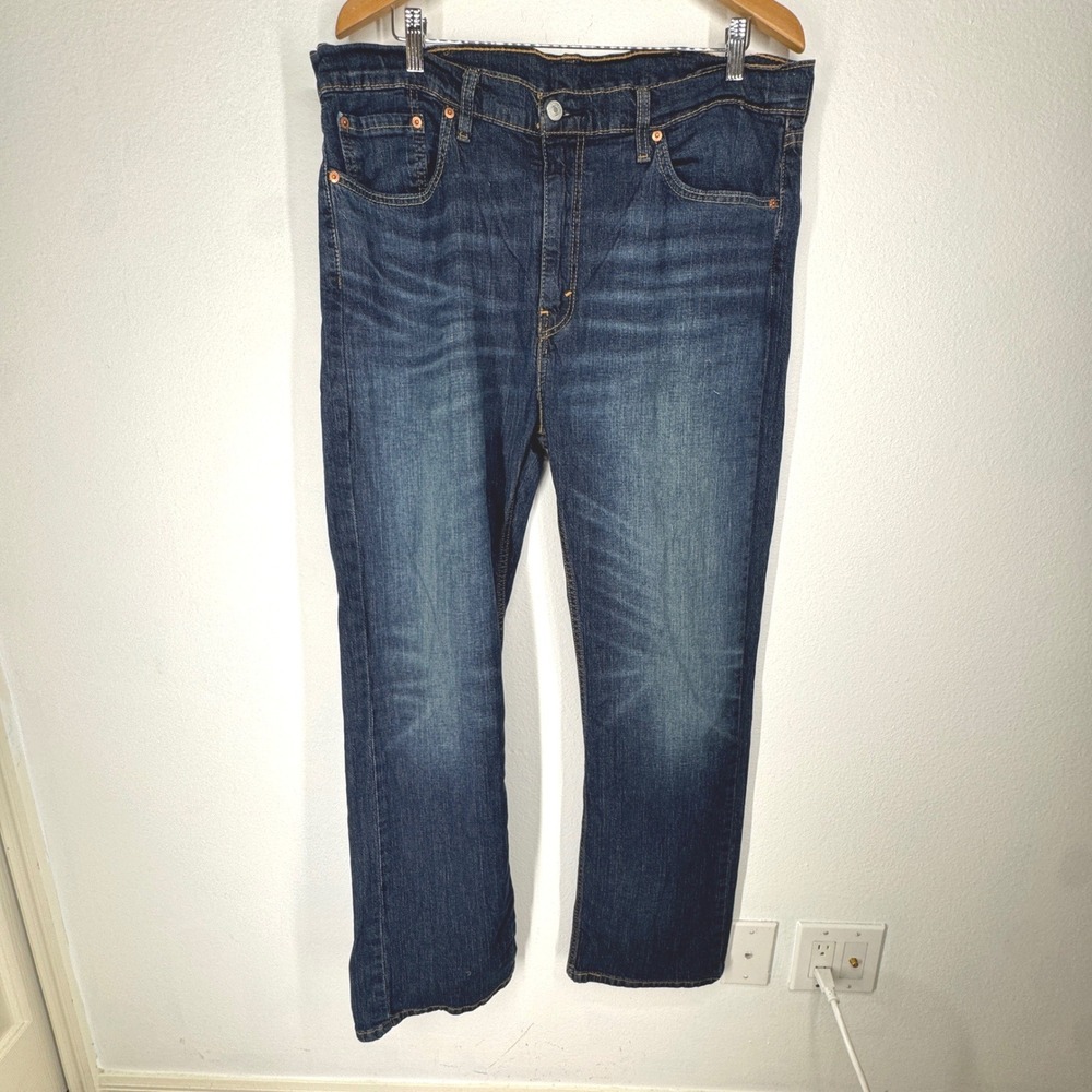 Levis 527 Slim Bootcut‎ Jeans Dark Wash Indigo Denim Mens 38x32 Whiskered Faded